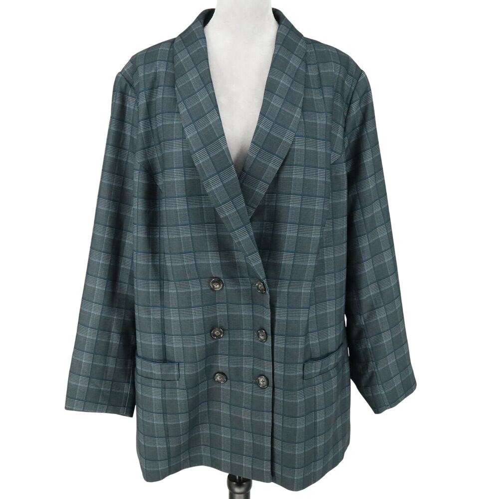 Jessica London Jacket Plus Sz 26 Tall 26T Blue Gray Plaid Lined Double Breasted